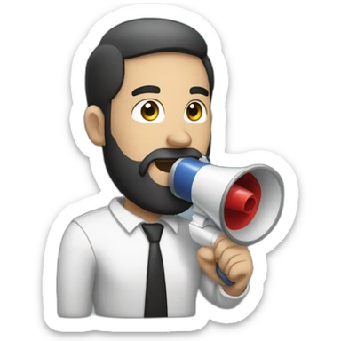 a white man with a black beard, holding a megaphone next to his mouth sticker
