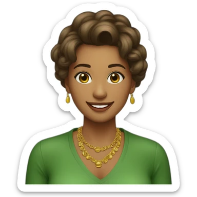 linda-chica-con-cabello-largo-y-lacio-castaño-(parte-media),-ojos-verdes,-aretes-dorados-y-una-camisa-verde.-ella sonriente sticker