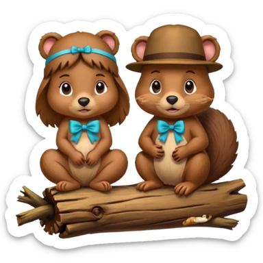 a girl beaver and a boy beaver on a log. give the girl eyelashes and a bow on top of her head sticker