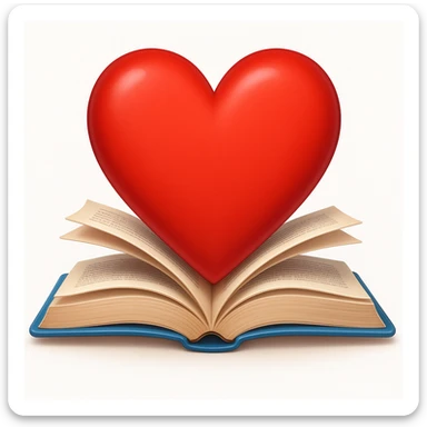 apple style emoji of a light blue heart with books, red colorway sticker