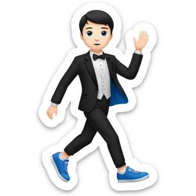 generate a pretty bratz fair skinned boy with short black hair wearing a black tux with blue sneakers sticker