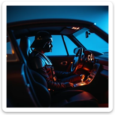 Cinematic shot of aDarth vader sitting in porsche 911, blue and orange lights  sticker