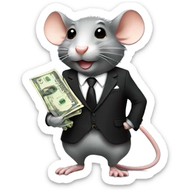 rat wearing a suit and a black tie with lots of money sticker