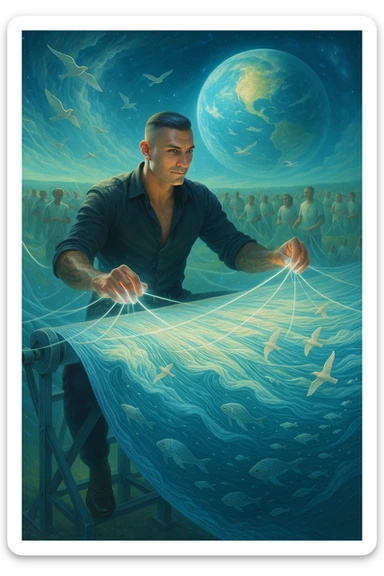 Uomo del 2030 al telaio gigante cosmico che tesse il destino del pianeta con fili di cotone stellare, ogni fibra naturale che intreccia ripara una parte dell'ecosistema terrestre, dita che brillano mentre guidano i fili di cotone attraverso dimensioni parallele, tessuto che si estende dall'atmosfera fino alle profondità marine, creature marine che nuotano attraverso le onde del tessuto acquatico, uccelli che volano seguendo i pattern del tessuto aereo, humanity unita che indossa vestiti di cotone e partecipa alla grande tessitura collettiva della salvezza planetaria sticker