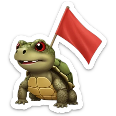 A cute little snapping turtle with a red warning flag sticker