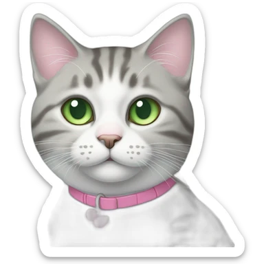 White and grey tabby cat with green eyes and pink nose, sitting on blue cpuch sticker