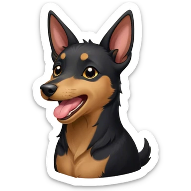 Cinematic Cute Yawning Black and Tan Kelpie Portrait Emoji, Head tilted slightly with a dramatic, wide-open yawn, showcasing a smooth black Fur with distinct tan accents, floppy ears slightly drooping, round dark eyes barely open in drowsy contentment, Simplified yet irresistibly adorable features, highly detailed, glowing with a soft, cozy glow, high shine, relaxed yet expressive, stylized with a touch of whimsy, bright and endearing, soft glowing outline, capturing the essence of a sleepy yet affectionate herder, so drowsy it feels like it could stretch out of the screen and curl up for a nap! sticker