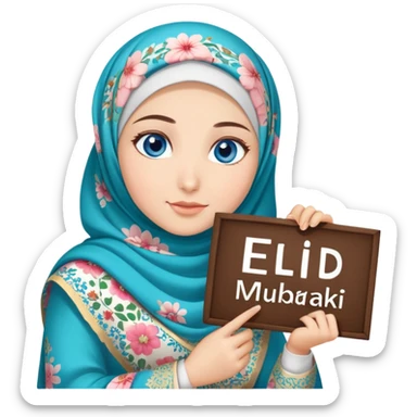 Turkish beautiful finish Konya girl blue eyes with floral hijab dress islamic dress and had on her hand text Eid Mubarak  sticker