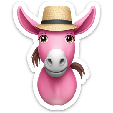 A pink donkey wearing a straw hat sticker
