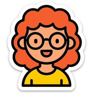 A cheerful curly-haired girl with glasses sticker