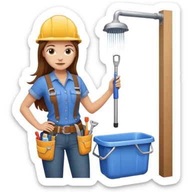 beautiful girl with long brown hair constructing new bathroom area with new shower and amenities  sticker