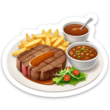 big juicy australian steak meal featuring chips, small salad in a ramikan and gravy in a small bowl on the plate sticker