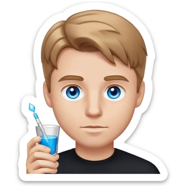 white man light brown hair blue eyes wearing black holding shot sticker