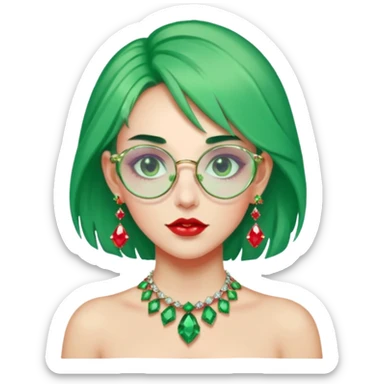 gem lover woman with gem accessories excessive amount gem glassess very big gem earrings green hair and red diamonds sticker
