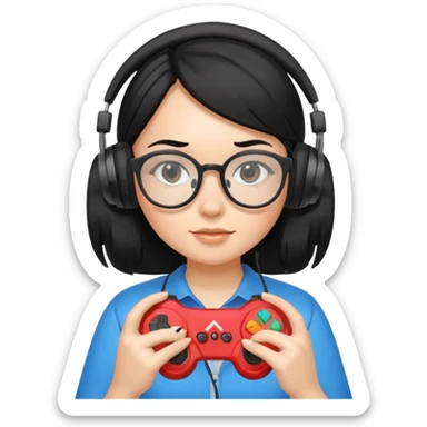 
gamer, black hair girl with glasses, headphone, gamepad sticker