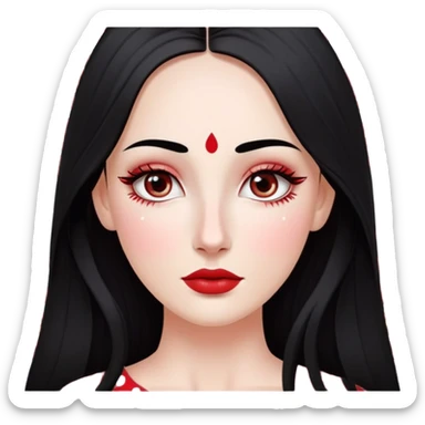 White girl with long oval shaped face, large almond shaped eyes with long eyelashes, long straight black hair falling in front of her bare shoulders, face closeup, with detailed pattern of red and white gopi dots in decorative arrangement above eyebrows sticker