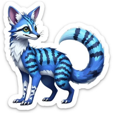 Feral Rare Fantasy scaly evil spooky vibrant dark shady shaded detailed deep-dark-cobalt-blue-gradients-colored colorful Vernid-Sergal-Genet-Trico-Fox-species by LiLaiRa, with dark-blackish points, white belly, random markings, tufted tail, tufted ears, full body sticker