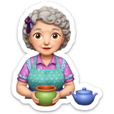 cartoon Apple iOS emoji style rural elderly woman, chubby face, short gray curly hair, flowery blouse, colorful apron, big expressive eyes, pastel colors, Chilean wooden kitchen background, clay pots, warm light, detailed and clean vector art sticker