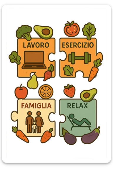 Puzzle (Lavoro, Esercizio, Famiglia, Relax), in lavoro metti icona di un PC, in Esercizio un Manubrio, in Famiglia una famiglia, in Relax qualcuno che riposa and healthy foods are integrated into each piece. in italiano sticker