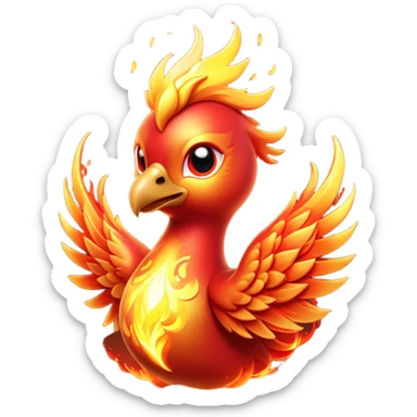 Cinematic Cute Mystical Fire Phoenix Portrait Emoji, Head tilted playfully and inquisitively, showcasing a vibrant, flame-kissed form with intricately detailed feathers in warm shades of red, orange, and shimmering gold, accented by delicate sparks and a gentle, inviting glow; rendered with lifelike detail and soft, radiant light, high shine, enchanting and spirited, styled with a touch of mythic whimsy, soft glowing outline, capturing the essence of a mischievous yet endearing phoenix poised to flutter playfully into your heart! sticker