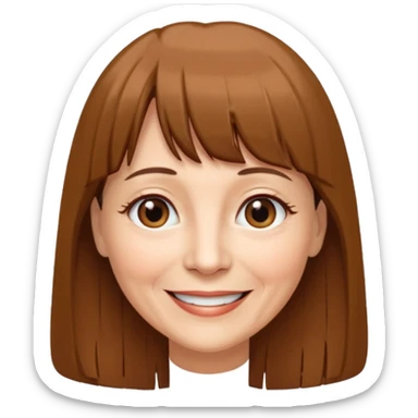 60 yr old woman, very small brown eyes, long straight brown hair, bangs,  sticker