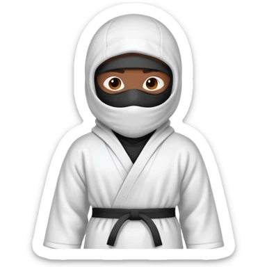All white ninja robe with no black with white ski mask to cover face and neck with a hoodie on and dark brown skin color sticker