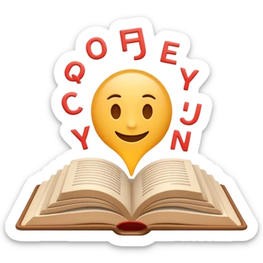 A minimalist emoji-style icon representing wordplay — symbolizing creativity with language. It features an open book or speech bubble merging with playful letters or word fragments, forming a clever visual pun. sticker