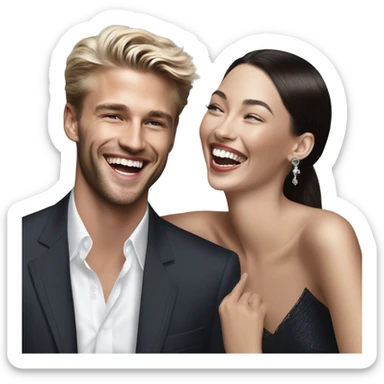 Hyper Realistic beautiful dior model laughing with a handsome male model  sticker