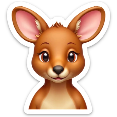 Cinematic Cute Kangaroo Portrait Emoji, Head tilted playfully and inquisitively, featuring a glossy red-orange fur with soft, rounded ears and round, sparkling amber eyes full of curious mischief, Simplified yet irresistibly adorable features, highly detailed, glowing with a warm, friendly glow, high shine, affectionate and bouncy, stylized with a touch of outback whimsy, bright and endearing, soft glowing outline, capturing the essence of a mischievous yet loving kangaroo, so playful it feels like it could hop out of the screen and into your arms! sticker