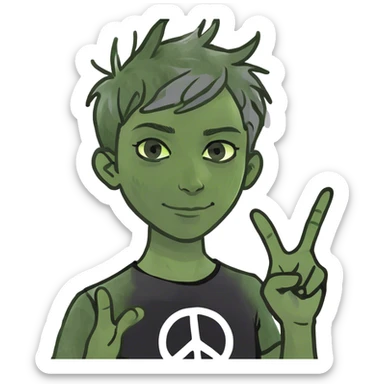 pixie shag hair black with streaks of gray, dark T-shirt with a peace sign. no hands  sticker