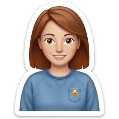 A 38 year old white woman with brown hair and freckles wearing a sweatshirt and jeans smiling sticker