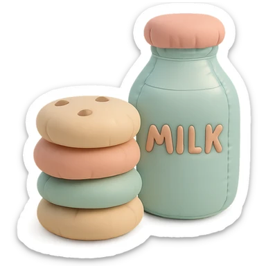 a cushion style stack of cookies next to a bottle of milk, cozy and rounded, pastel colors sticker