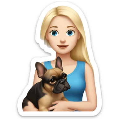 Blonde girl with blue eyes holding brown and black French bulldog sticker