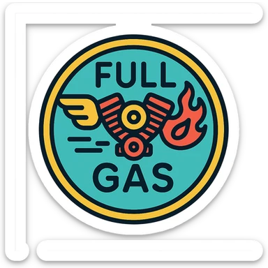 circular motorcycle cap design with the English phrase 'Full Gas', featuring motorcycle motifs like motor, flame, wing, energetic style sticker