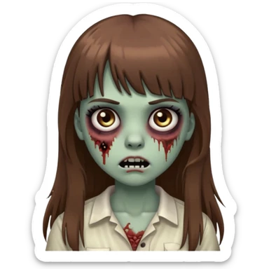 Zombie girl emoji with long brown hair, bangs, big black eyes sticker
