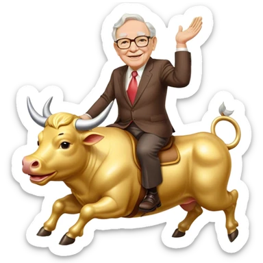 happy Warren Buffet riding golden bull sticker