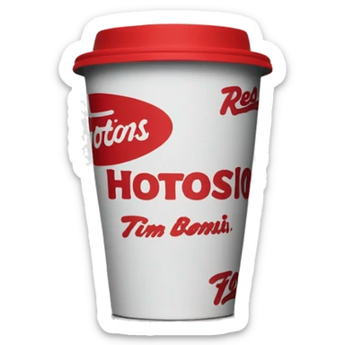 “Red Tim Hortons coffee cup with large white ‘Tim Hortons’ logo in script, black plastic lid, and a simple, clean design.” sticker