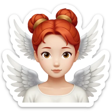 Asian angel with red hair in bun, oval face, and white wings sticker