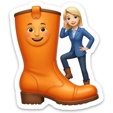 Office worker kissing a boot that is giant and orange sticker