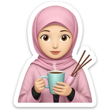 A hijabi girl with light pink hijab and tanned skin holding coffee in one hand and chopsticks in other. Only upper portion of the body shown in IOS format sticker