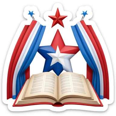 Open book about theatrical scenography with the Puerto Rican flag integrated into its pages, showing theater stage designs in red and blue colors with a white star sticker