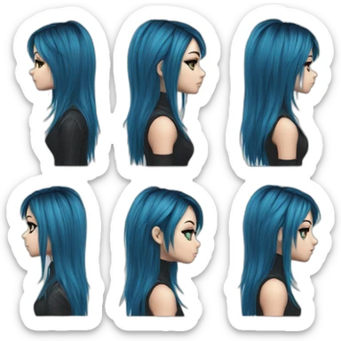 Side profile realistic emo girl, black makeup, long choppy blue hair side bangs sticker