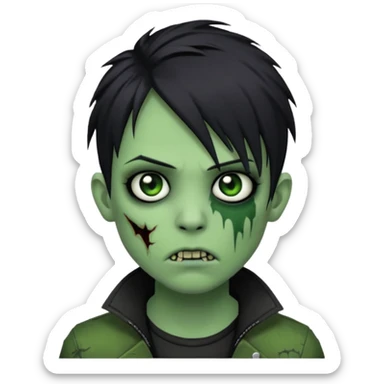  emo zombie black punk hair green skin middle part with cuts on face and closed mouth sticker