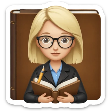 writer holding pen in hand and closed book in other hand, with blonde hair and wearing glasses sticker