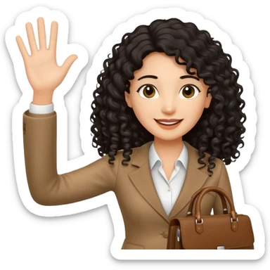 medium deep tan brown business woman with long black curly hair, waving hand with happy face and holding a close laptop and carrying a bag on her dhoulder sticker