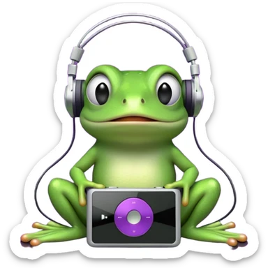 A cute green cartoon frog sitting with a neutral expression, wearing large black over-ear headphones. The frog is connected by a wire to a small, classic-style iPod with a purple screen, placed in front of it. The background is a dense black-and-white noise pattern resembling TV static. sticker