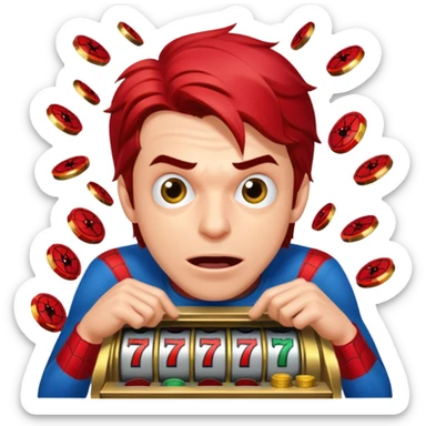 disheveled spiderman losing money at a slot machine, panicked face, coins flying sticker