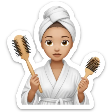 lightskin Women wearing shower robe and their hair with towel holding a brush sticker