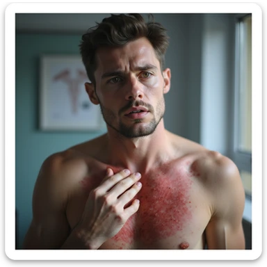 realistic man with red, irritated rash on chest, gently touching the area, worried expression, soft lighting, clinical background, medical realism, dermatology focus, 4K sticker