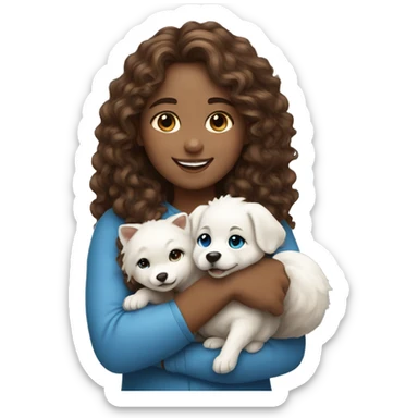Girl long curly brown hair smiling and blue eyes and holding a white fox dog in her arms sticker